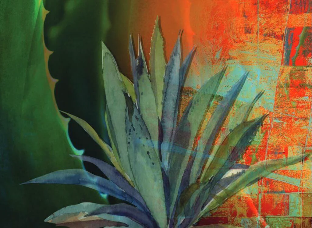Painted blue agave against deep green leaves and a textured terracotta wall